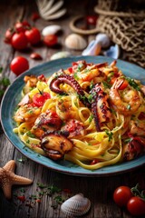 Close-up of a gourmet seafood pasta dish served on a ceramic plate. The composition features al dente pasta combined with a variety of fresh seafood