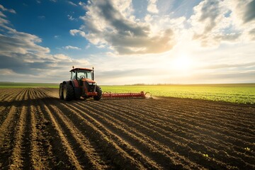 Fototapeta premium Tractor Plowing Agricultural Field at Sunset