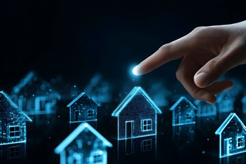 Digital Real Estate Selection A finger points to a glowing house among many digital homes representing technology in property choi