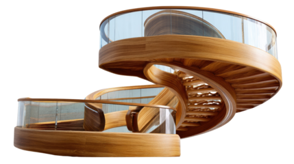 Elegant Spiral Staircase: The image shows a beautifully crafted spiral staircase. This architectural marvel features natural wood and glass, creating a visually stunning and functional design.