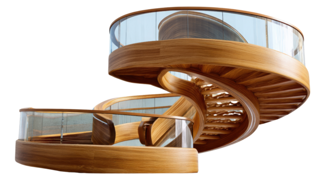Elegant Spiral Staircase: The image shows a beautifully crafted spiral staircase. This architectural marvel features natural wood and glass, creating a visually stunning and functional design.