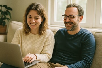 Happy couple using laptop