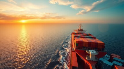 Cargo ship at sunset in the ocean.