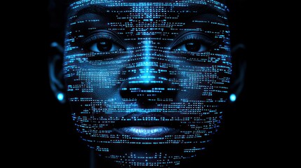 Woman's face overlaid with glowing digital code