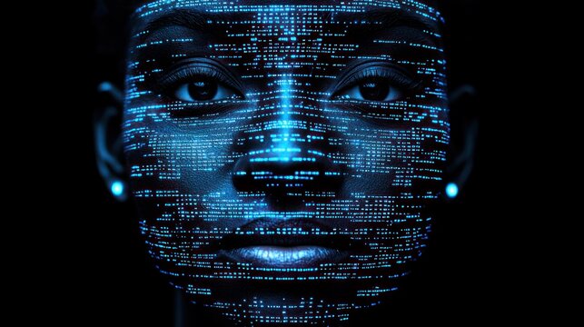 Woman's face overlaid with glowing digital code