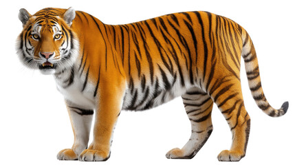 Obraz premium Majestic Bengal Tiger: A powerful Bengal tiger stands with a confident gaze, showcasing its striking orange and black stripes, epitomizing strength, agility, and wild beauty.