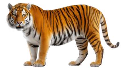 Majestic Bengal Tiger: A powerful Bengal tiger stands with a confident gaze, showcasing its striking orange and black stripes, epitomizing strength, agility, and wild beauty.