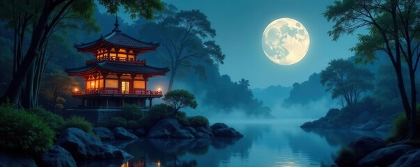 Mysterious moonlit pagoda, bamboo forest, flowing water , wash, aesthetic