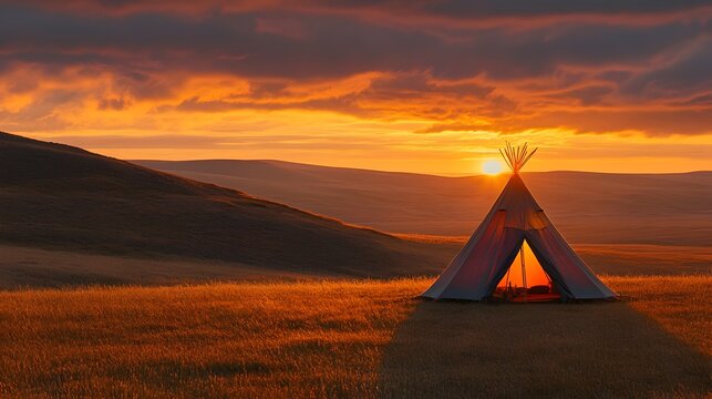A tipi stands silhouetted against a breathtaking sunset over rolling hills and golden grasslands creating a serene and peaceful landscape.
