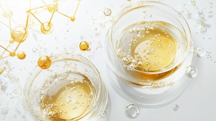 Golden liquid in clear glass bowls, a scientific composition.