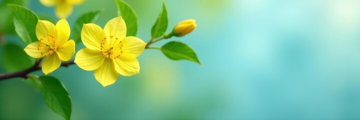 Fototapeta premium Yellow blossoms, green leaves, blue backdrop Peaceful spring scene , vibrant, still life