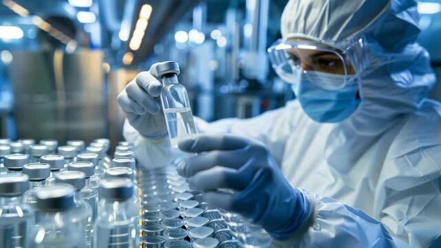 In sterile laboratory, scientist wearing protective gear examines vials, ensuring stringent quality control pharmaceutical products. The controlled environment underscores importance precision
