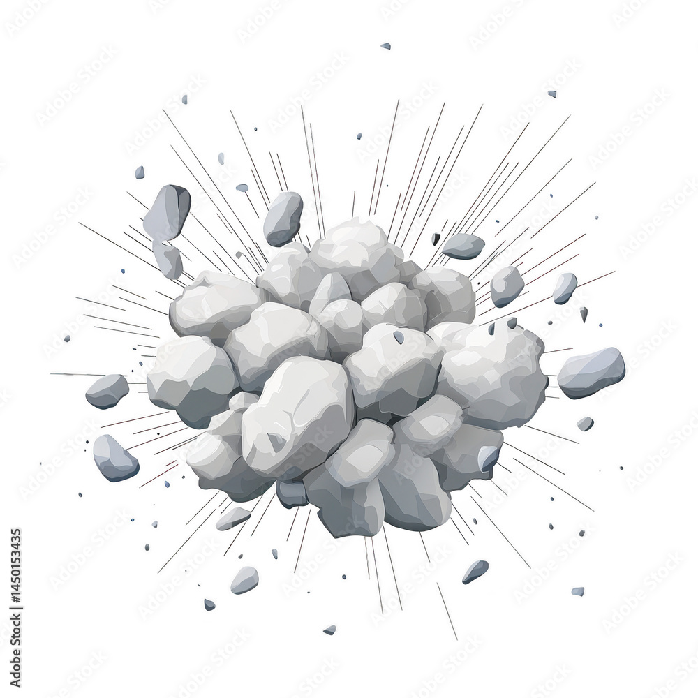 Poster dynamic explosion of gray rocks and debris, captured mid air, with sharp lines radiating outward, cr