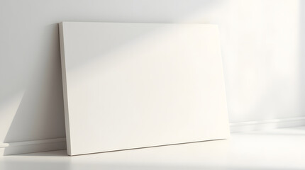 A blank canvas rests against a wall, capturing soft natural light in a minimalist setting.