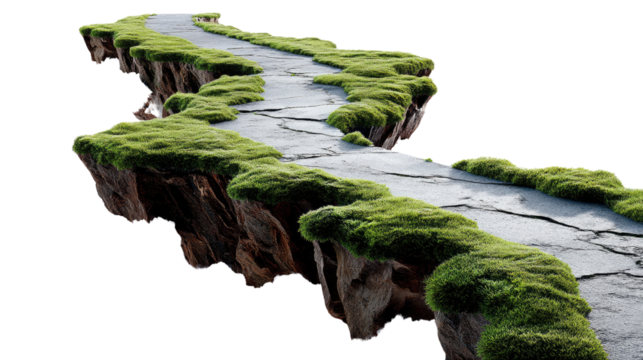 Floating Pathway to the Horizon: A serene, stone pathway curves gently through floating land, adorned with vibrant green moss, leading towards an endless horizon. A symbol of journey and discovery.