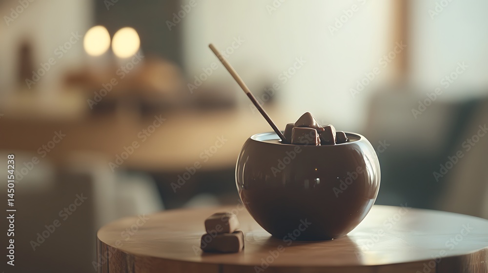 Poster a compact chocolate fondue pot on a dessert table with open branding space and a softly blurred back