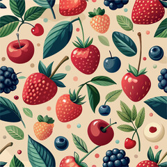 Colorful fruit pattern showcasing strawberries, cherries, blueberries, and blackberries against a light background Generative AI