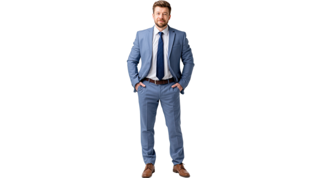 Confident Businessman: A  successful businessman exudes confidence in a sharp blue suit and  confident stance.  His  assured expression and  sharp attire convey professionalism.  - Powered by Adobe