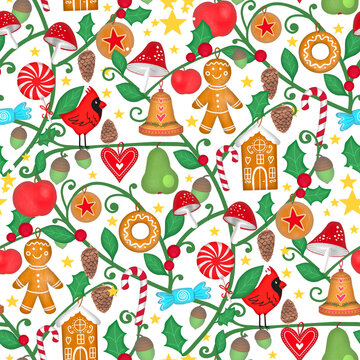 Weihnachtliches Design mit vielen Details wie Lebkuchenfiguren und Dekoration.