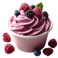 Delicious berry frozen yogurt dessert cup with raspberries blackberries and blueberries isolated on...