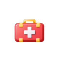 Obraz premium Red first aid kit with white cross symbol and yellow handle, representing emergency medical supplies. kit is designed for quick access in urgent situations