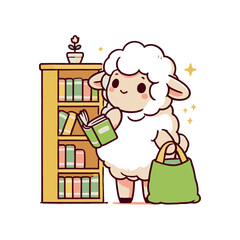 Cartoon Sheep Holding Book Standing Near Bookshelf Illustration
