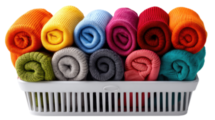Colorful Rolled Clothes in Basket: A close-up shot of colorful rolled clothes in a white plastic basket, showcasing a neat and organized approach to laundry and wardrobe management.  