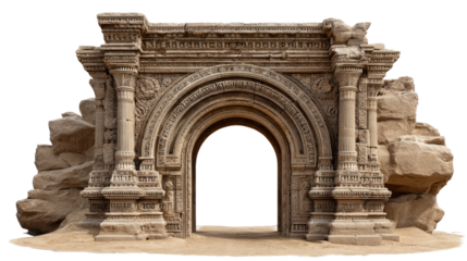 Ancient Archway: A weathered stone archway, revealing the secrets of a forgotten civilization, beckons with its timeless beauty. The intricate carvings and enduring architecture speak of history.