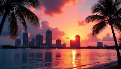 Obraz premium Stunning sunset over Miami's skyscrapers, palm trees framing the scene, ocean view, beach