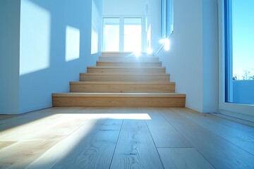 Fototapeta premium Bright Modern Wooden Staircase in Airy Home