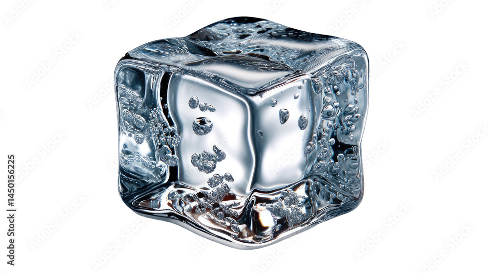 Poster ice cube: a close-up shot of an ice cube, glistening and transparent, showcasing its smooth surface 