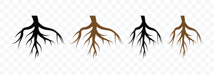 Tree root icon set. Plant root system. Tree stump icon set. Realistic black roots illustration. Silhouette Vector illustration. 