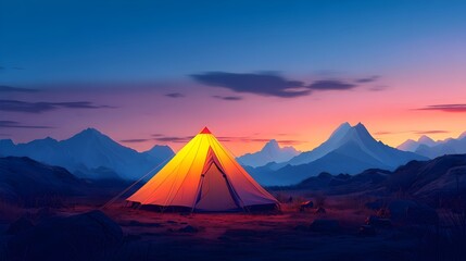 A glowing illuminated tent sits serenely amidst a majestic mountain range at sunset offe a peaceful camping scene.