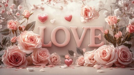 Fototapeta premium Pink Roses and Love Hearts Romantic Valentine Design