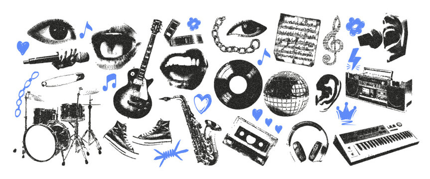 Photocopy stipple music retro elements set. Vinyl record, mouth with microphone, cassette, eyes, chain, synthesizer, drums, sneakers, chain, headphones, ear.