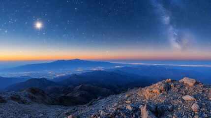 A breathtaking panoramic view of a majestic mountain range at night under a stunning sky filled with stars and the Milky Way galaxy.
