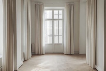 Fototapeta premium Bright Room Minimalist Design Beige Curtains Wood Floor