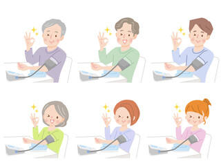 血圧を測る家族のイラストセット