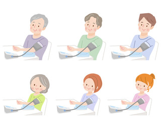 血圧を測る家族のイラストセット