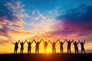 Silhouette of people holding hands at sunset