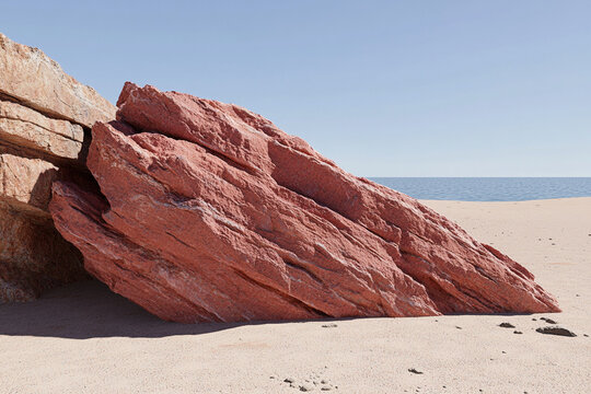 Red rock formation on sandy beach under clear blue sky with calm ocean waves in the distance