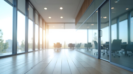 Bright and modern office space with large windows and a warm wooden floor, creating an inviting atmosphere.