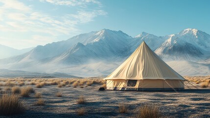 A beige s bell tent sits serenely in a vast desert landscape at the foot of majestic snow capped mountains under a clear blue sky.