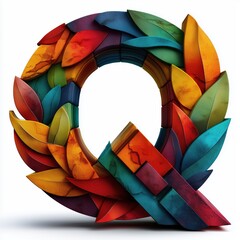 Fototapeta premium Colorful Wooden Letters and Shapes Arrangement Forming a Creative Artistic Letter Q on White Background
