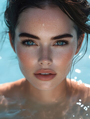 Naklejka premium A woman with striking blue eyes emerges from the water in a relaxing pool setting, basking in warm sunlight