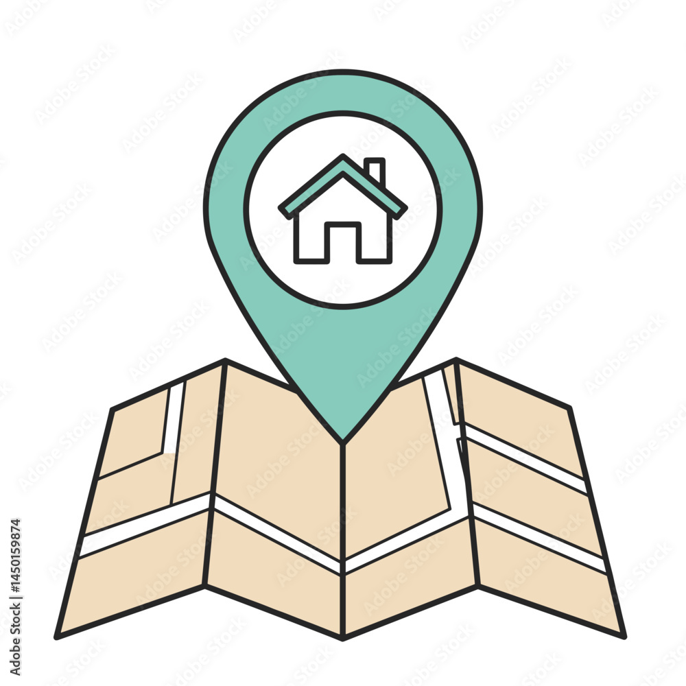 Poster icon location pin on map - house symbol on a folded map