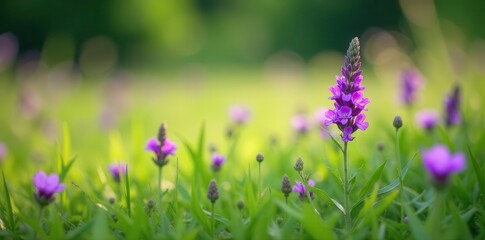 Vibrant purple wildflowers dotting a green meadow , wild, scenic, aesthetic