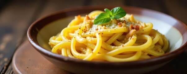 Creamy, cheesy spaghetti carbonara in a rustic bowl, pecorino, lunch