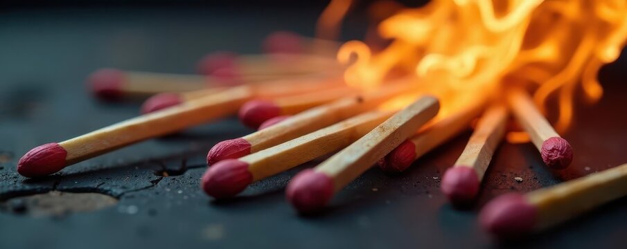 Wooden matchsticks scattered, tips facing up, fire hazard, match, emergency, accident