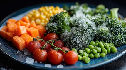 frozen vegetables: broccoli, cherry tomatoes, corn, pea, carrot on blue plate